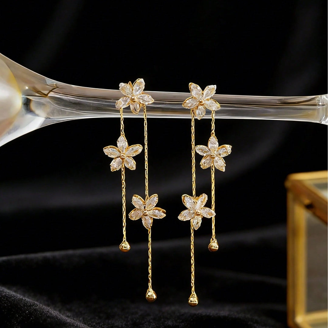 Three Diamond Flower Double Layer Tassel Stud Earrings, Floral Long Drop Gold Dainty Fairy Dangle Jewelry
