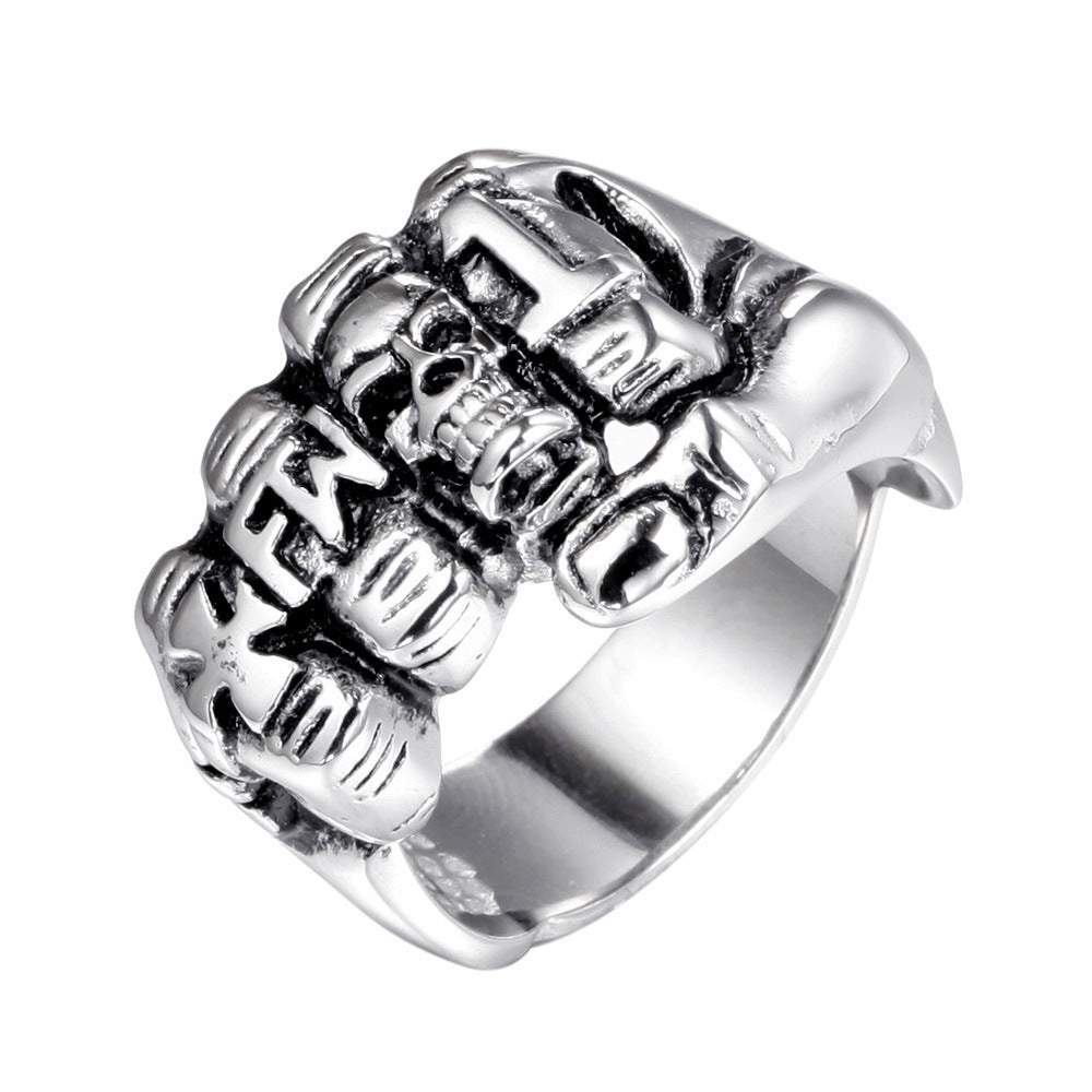 Vintage Sculpted Fist Ring, S925 Silver Antiqued Punk Skull Gesture Statement Band For Men