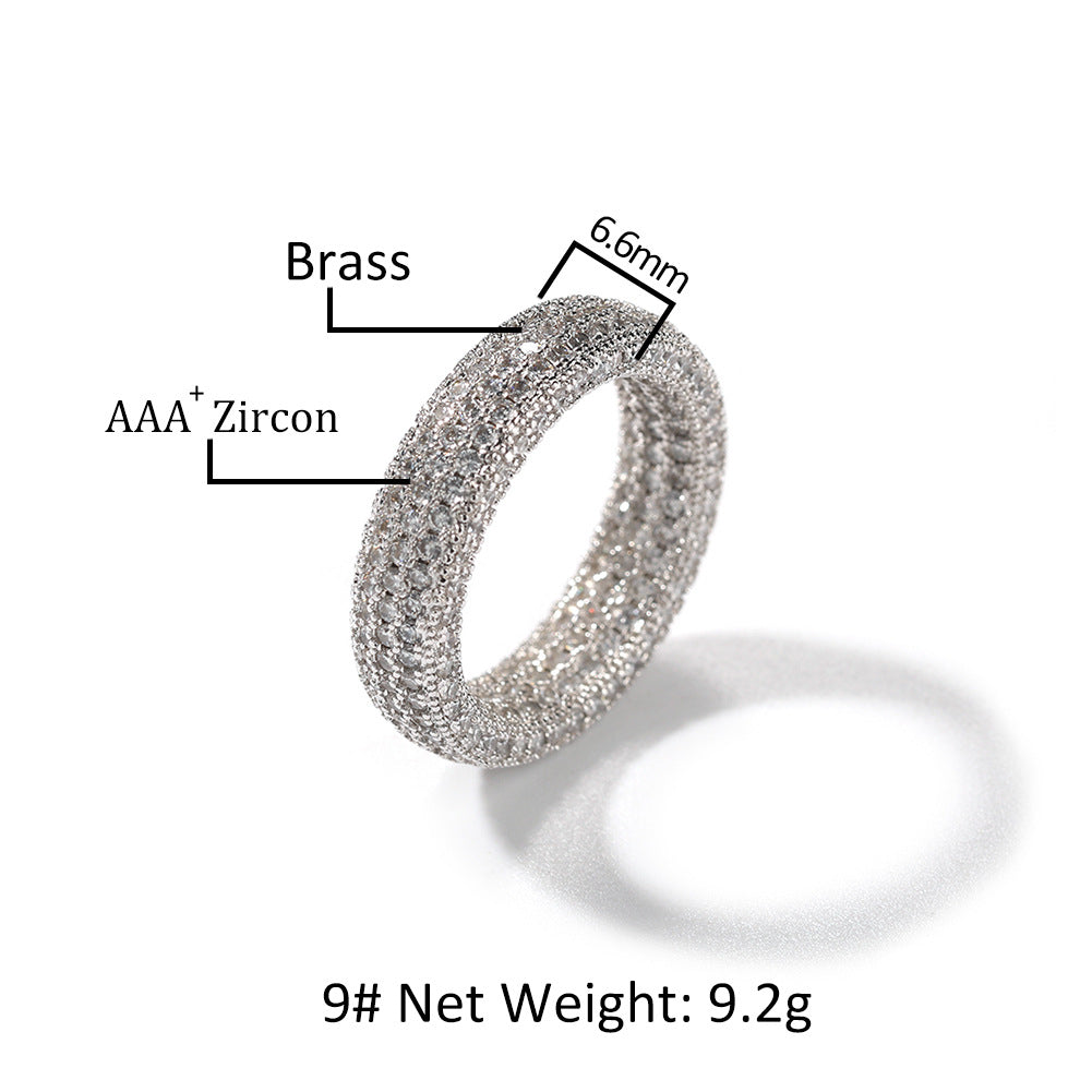 Full Zircon Hip-Hop Sterling Silver Ring · 18K Gold Plated 6mm Band