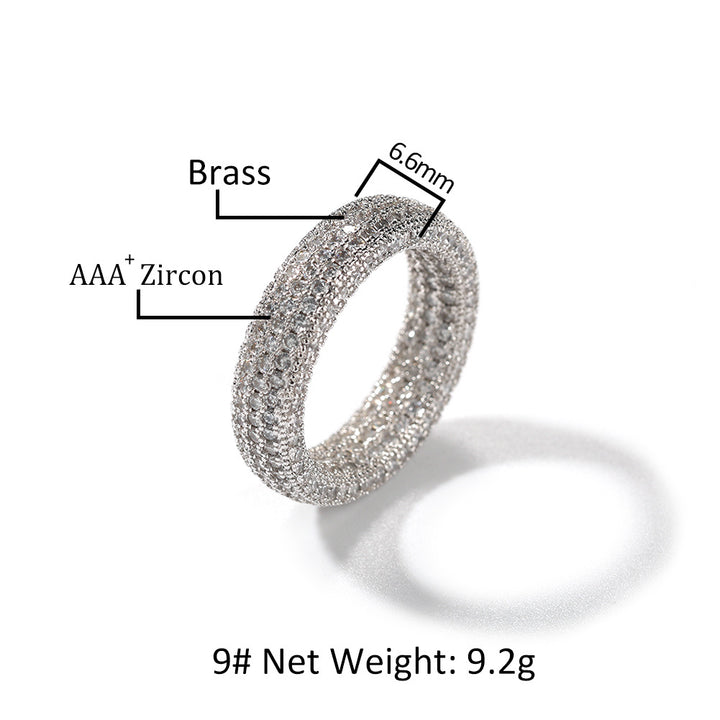 Full Zircon Hip-Hop Sterling Silver Ring · 18K Gold Plated 6mm Band
