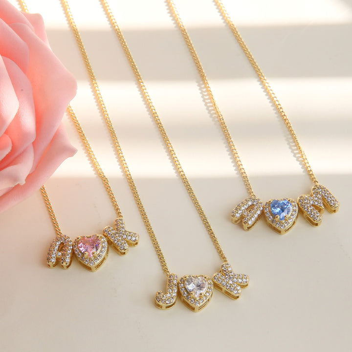 Heart-Shaped 12-Month Birthstone & Letter Pendant - Custom Name Love Necklace