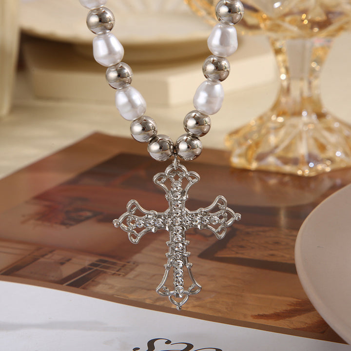 Baroque Pearl & Pavé Cross Necklace (Goth Sweet & Edgy Choker)