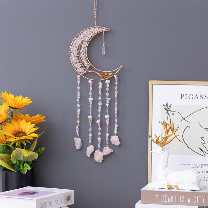 Natural Crystal Stones Moon Dreamcatcher Ornament (Spiritual Healing Style Series)