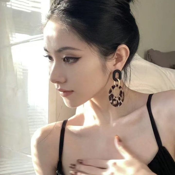 S925 Silver Leopard‑Print Hollow Circle Link Drop Earrings, Retro Contrast‑Color Dangle Earrings for Women