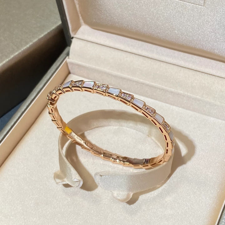 Snake Segment White Mother of Pearl Paved Crystal Thin Bangle, Gold Silver Rose Gold Stackable Luxury Bracelet