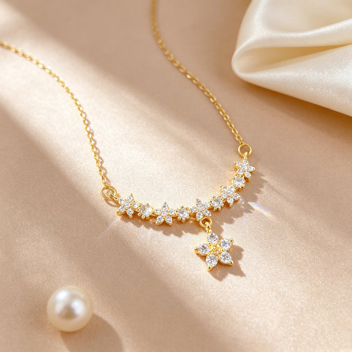 V‑Shape Pave Diamond Drop Clover Collarbone Necklace, Dainty Sparkling Floral Pendant Chain, Gold & Silver Two‑Tone Ladies Jewelry