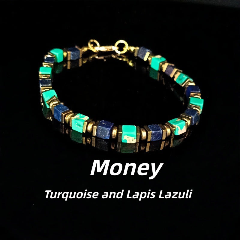 Square Natural Stone Handmade Beaded Bracelet for Men, Lapis Lazuli Turquoise Obsidian Luxury Adjustable Business Bracelet