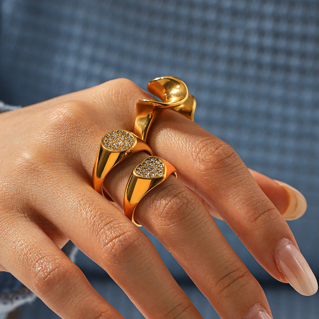 Pavé Diamond Signet S925 silver Ring, Heart/Hexagon/Oval/Teardrop Multiple Styles 18K Gold Plated Wide Band Unisex Statement Ring