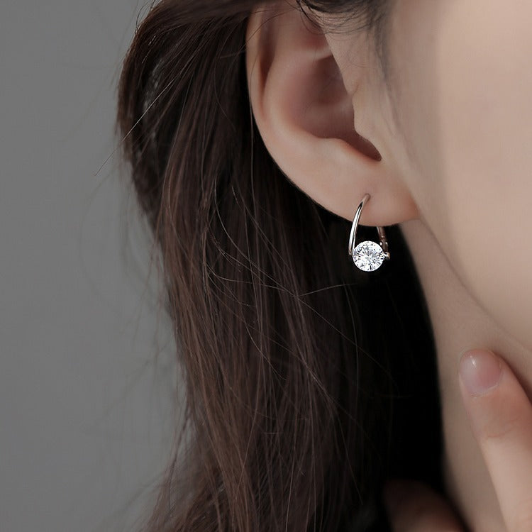 Rotatable Round Diamond Hoop Earrings, Minimalist Circle Single Diamond Earrings, Gold & Silver Two Tones Available