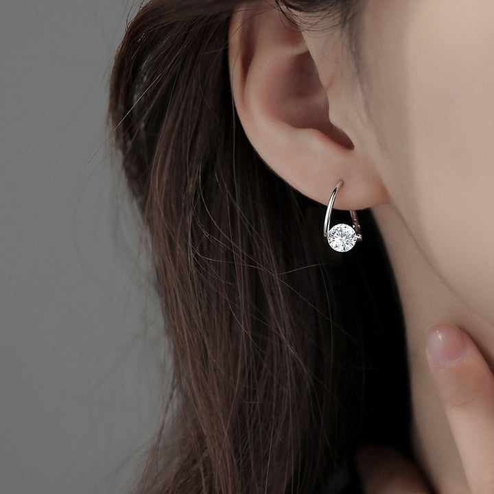 Rotatable Round Diamond Hoop Earrings, Minimalist Circle Single Diamond Earrings, Gold & Silver Two Tones Available