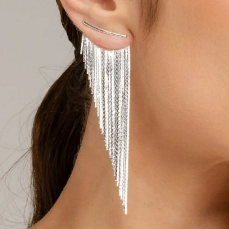 Luxury Gradient Long Metal Tassel Earrings, Horizontal Bar Shiny Chain Dangle Stud Earrings, Gold & Silver Evening Statement Jewelry