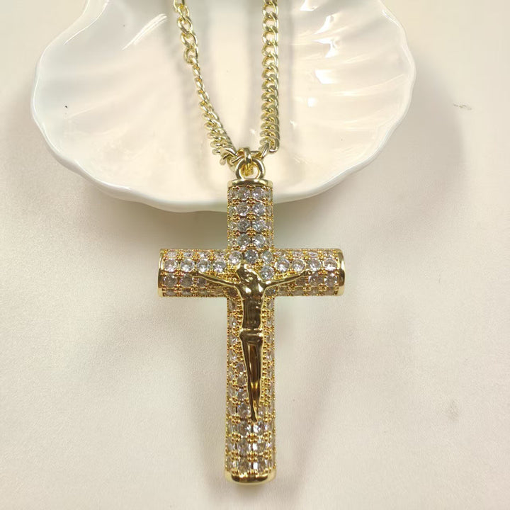 Large Diamond Cross Pendant Necklace with Gold-Plated Cuban Chain