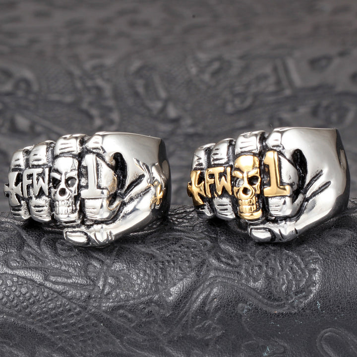 Vintage Sculpted Fist Ring, S925 Silver Antiqued Punk Skull Gesture Statement Band For Men