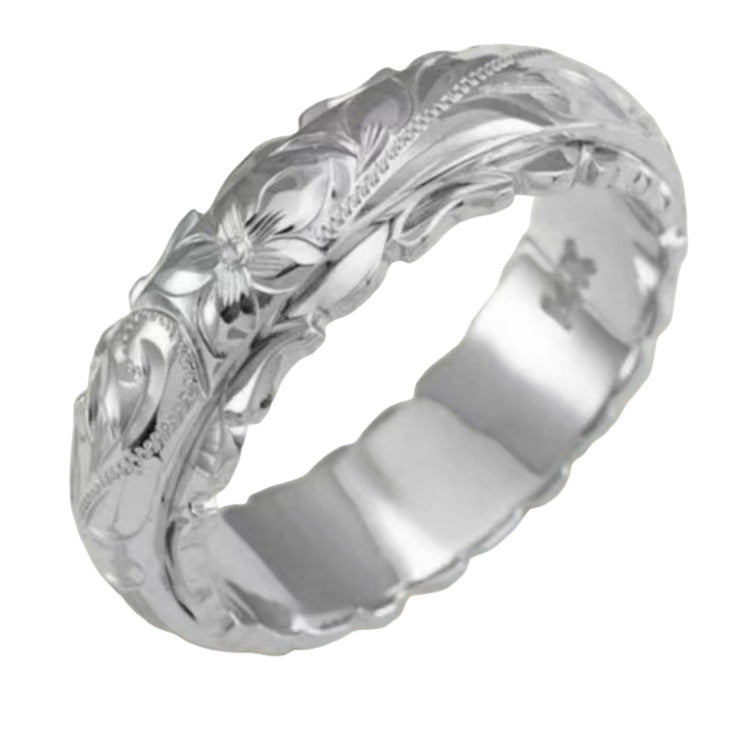 Hawaiian Vintage Hand-Engraved Floral Wide Ring, Gold Rose Gold Silver Retro Embossed Unisex Wedding Band