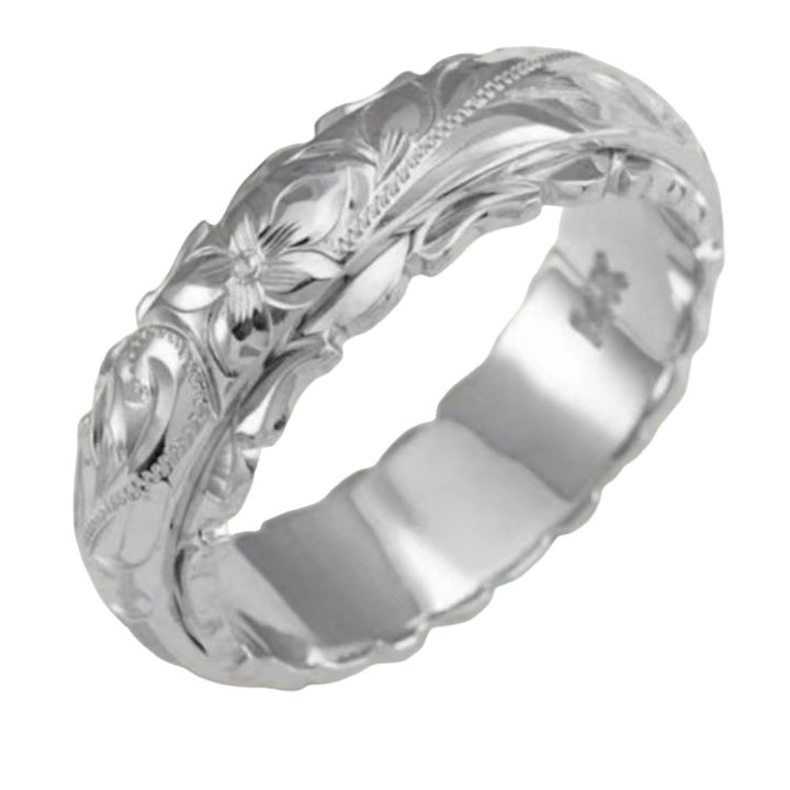 Hawaiian Vintage Hand-Engraved Floral Wide Ring, Gold Rose Gold Silver Retro Embossed Unisex Wedding Band