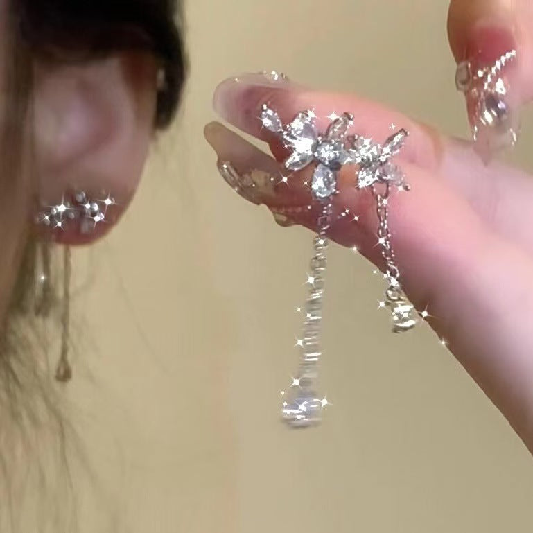 Branch Teardrop Diamond Tassel S925 Silver Stud Earrings, Elegant Long Chain Water Drop Diamond Dangle Earrings