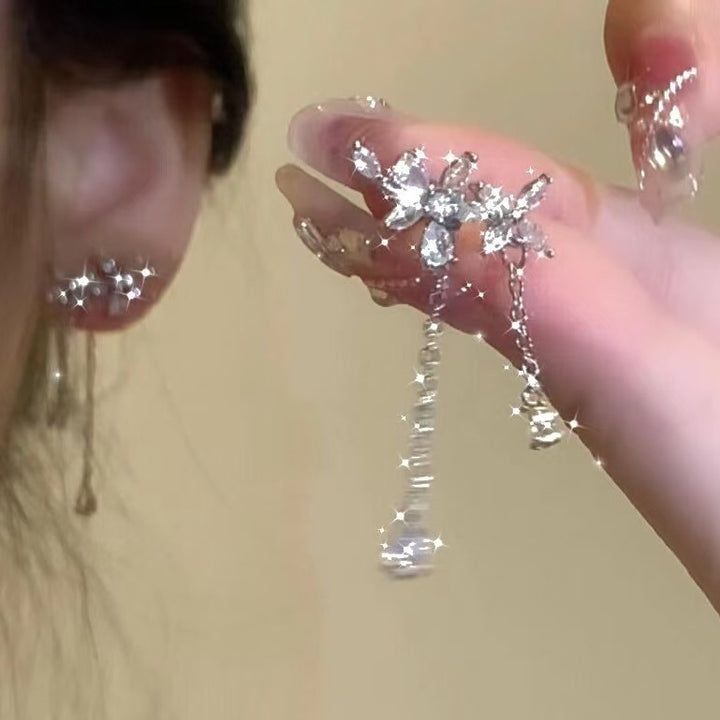 Branch Teardrop Diamond Tassel S925 Silver Stud Earrings, Elegant Long Chain Water Drop Diamond Dangle Earrings