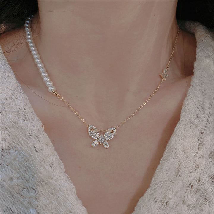 Asymmetrical Pearl Pave Diamond Butterfly Collarbone Necklace, French Gentle Style Niche Butterfly Pendant Thin Chain