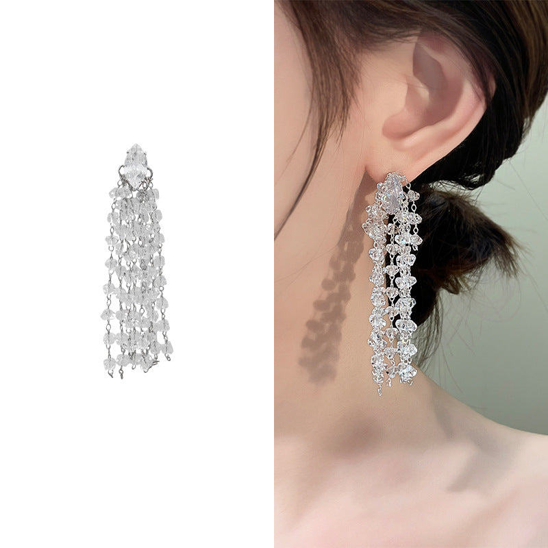 Marquise Diamond Multi-Layer Crystal Tassel Long Drop Earrings, Solid S925 Silver Gold & Silver Two-Tone Heavy Banquet Jewelry