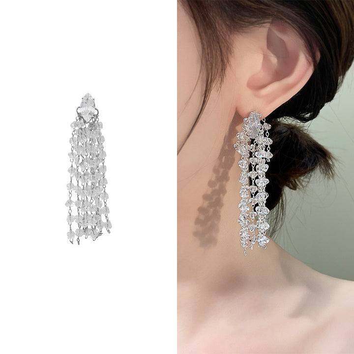 Marquise Diamond Multi-Layer Crystal Tassel Long Drop Earrings, Solid S925 Silver Gold & Silver Two-Tone Heavy Banquet Jewelry