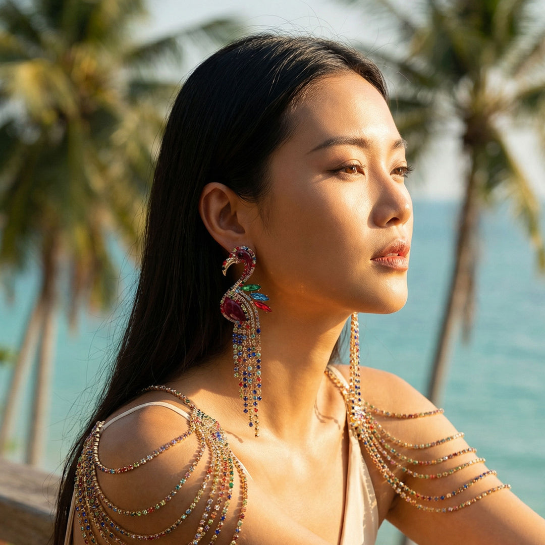 Heavy Craft Flamingo Paved Crystal Tassel Earrings, Color Enamel Mixed Rhinestone Long Bold Banquet Statement Jewelry Two Styles