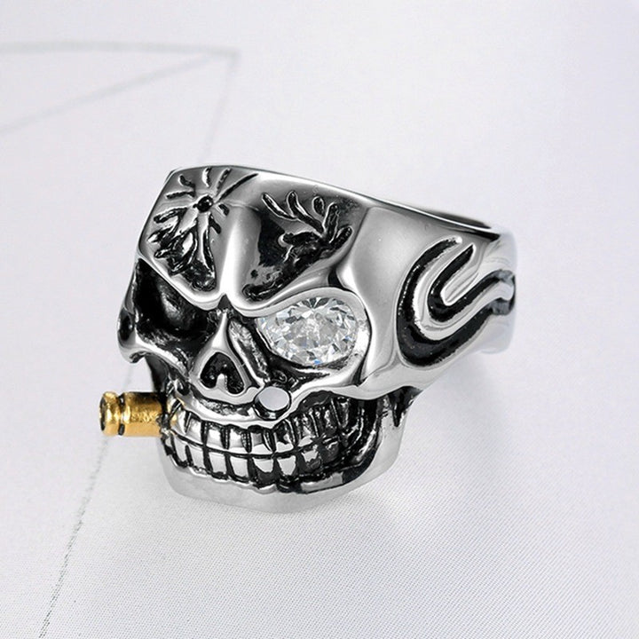 One-Eyed Gem Bullet Skull Ring, S925 Silver Antiqued Biker Statement Band For Men