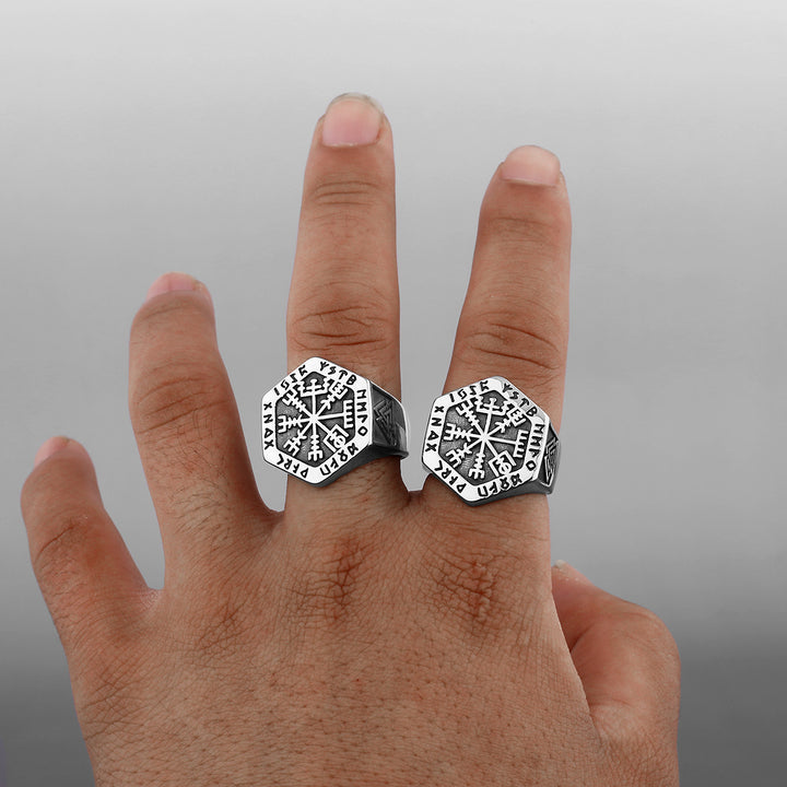 Titanium Steel Norse Rune Compass Ring (Viking Mythology Retro Style)