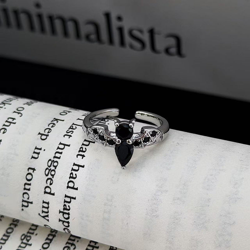 Dark Style Black Diamond Bat & Twisted Heart Open Rings, S925 Silver Alternative Adjustable Two-Style Band Set
