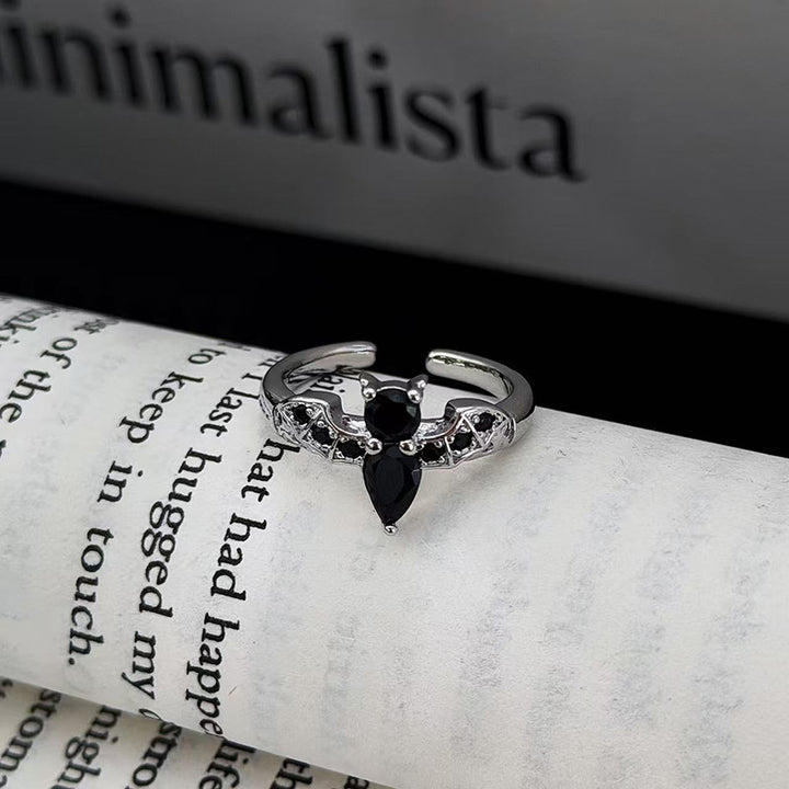 Dark Style Black Diamond Bat & Twisted Heart Open Rings, S925 Silver Alternative Adjustable Two-Style Band Set