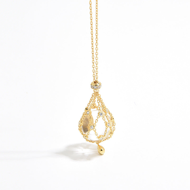 Niche Design White Crystal Starburst Mesh Pouch Pendant - Adjustable Necklace High-End Versatile Jewelry