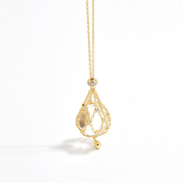 Niche Design White Crystal Starburst Mesh Pouch Pendant - Adjustable Necklace High-End Versatile Jewelry