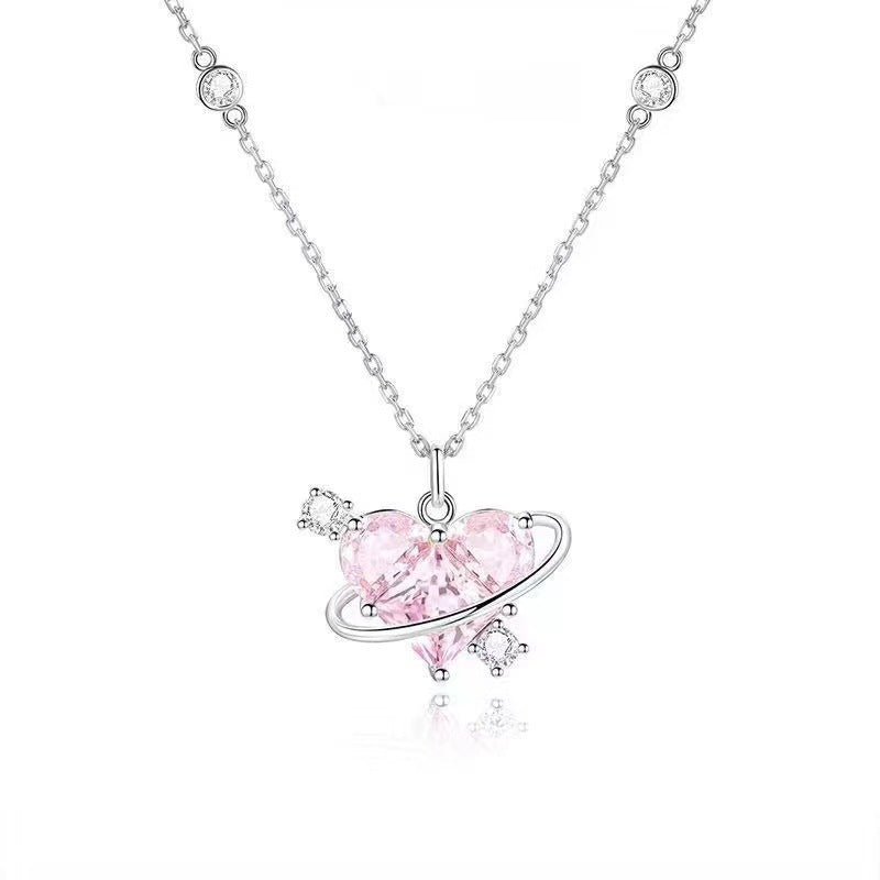 Planet Heart Diamond Necklace, Sweet Saturn Wrapped Heart Collarbone Chain, Pink & Clear Diamond Available