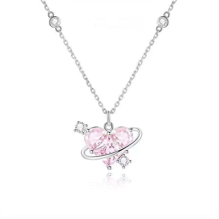 Planet Heart Diamond Necklace, Sweet Saturn Wrapped Heart Collarbone Chain, Pink & Clear Diamond Available