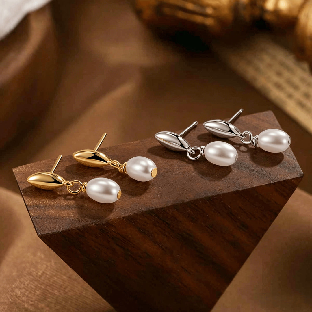 Double Teardrop Pearl Long Drop Earrings, Gold & Silver Minimalist Commuter Dainty Earrings