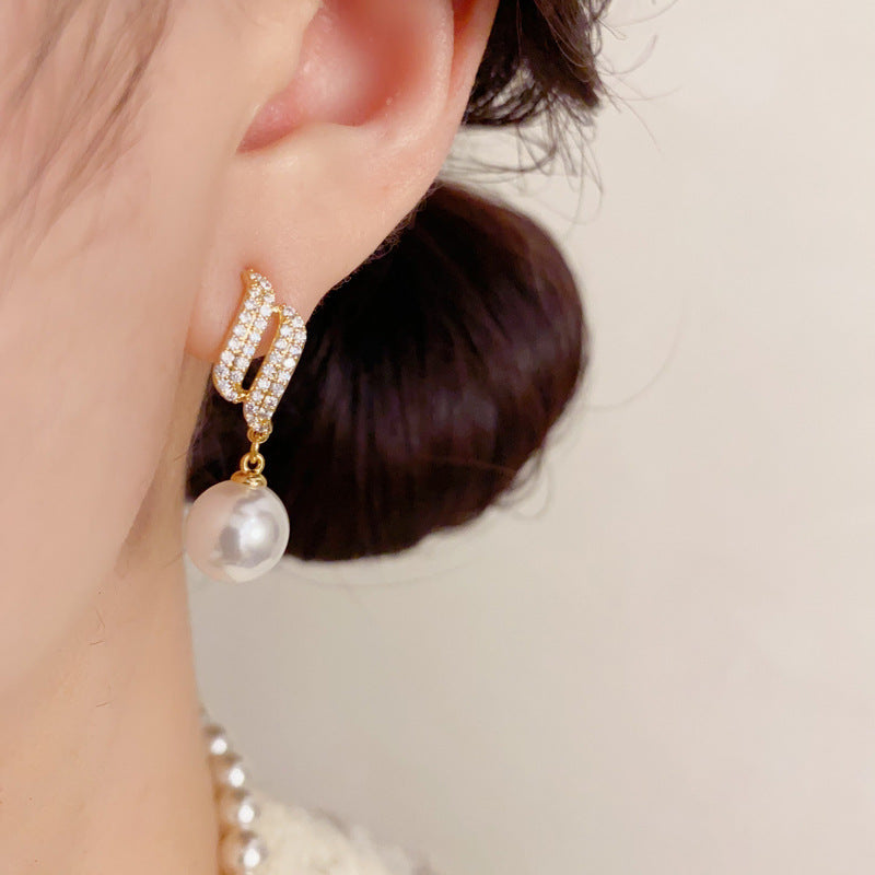 Gold Twisted Paved Diamond Pearl Drop S925 Silver Earrings, Elegant Luxury Long Pearl Dangle Earrings