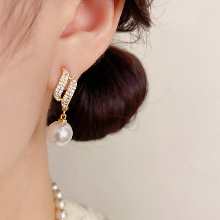 Gold Twisted Paved Diamond Pearl Drop S925 Silver Earrings, Elegant Luxury Long Pearl Dangle Earrings