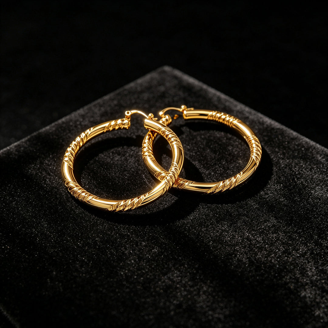 S925 Silver Textured Hoop Earrings, Vintage Gold Carved Large Circle Earrings