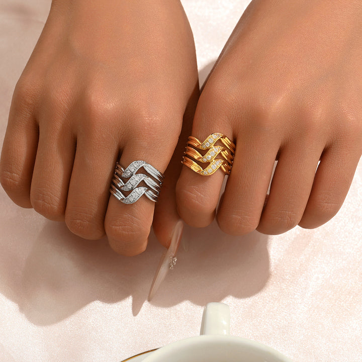 Multi-Layer Wave Diamond Wide Band Ring, European Heavy-Duty Streamlined Textured S925 Silver Ring for Women