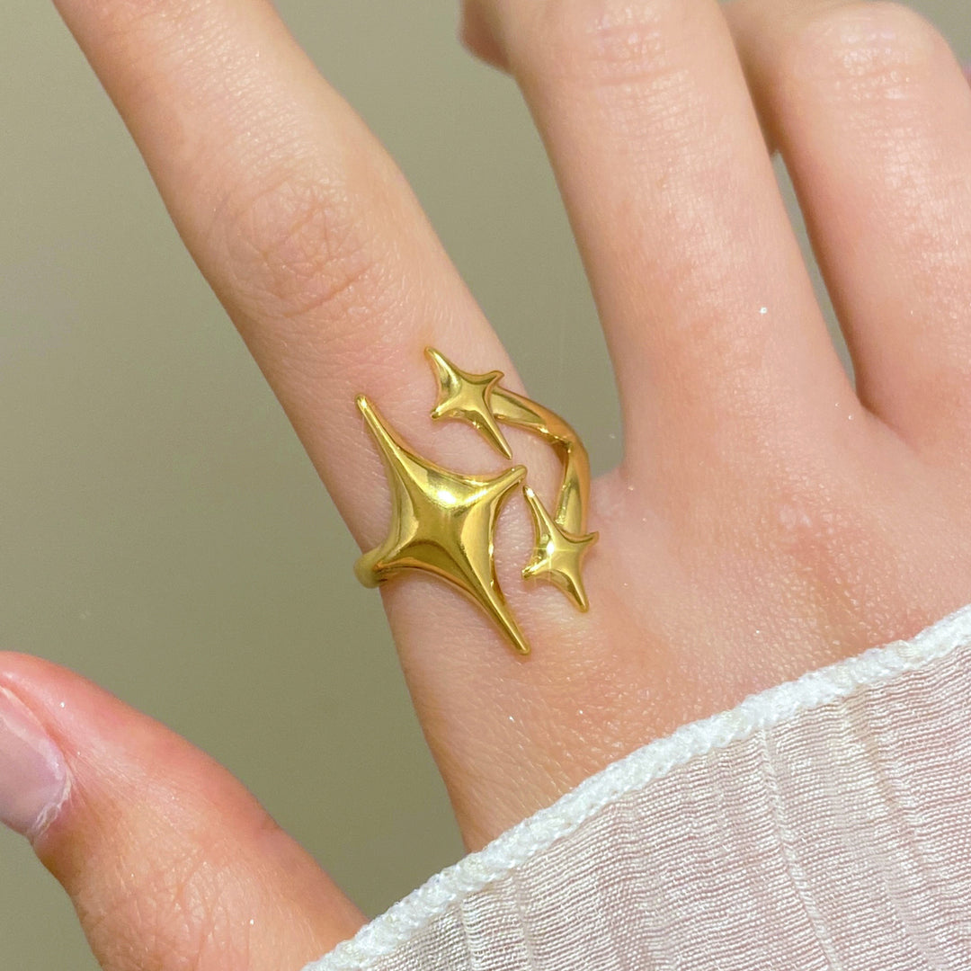 Irregular Triple Star Open S925 Silver Ring for Women, 18K Gold Plated
