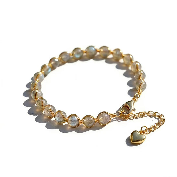 Hand‑Wrapped Natural Crystal Bracelet With Heart‑Shaped Extender, 4 Colors Available