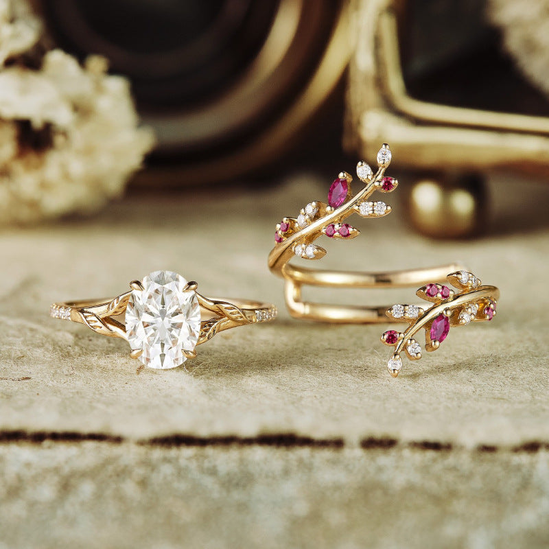 18K Gold-Plated Leaf Design Ring Set with Colorful Zircon