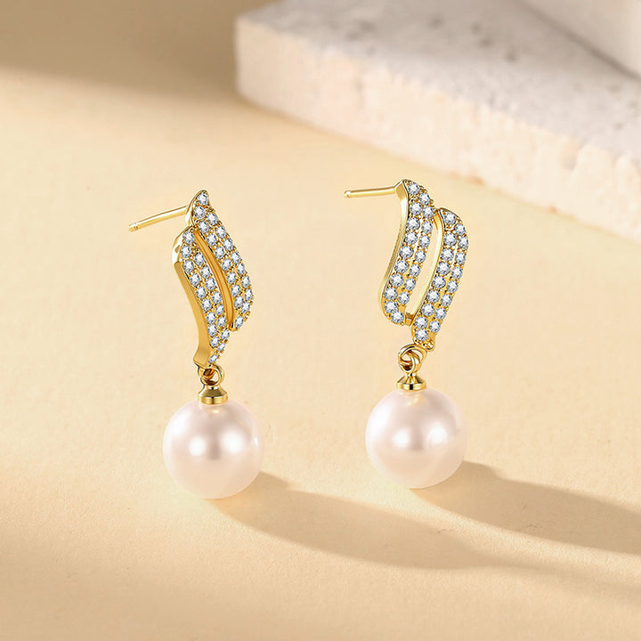 Gold Twisted Paved Diamond Pearl Drop S925 Silver Earrings, Elegant Luxury Long Pearl Dangle Earrings