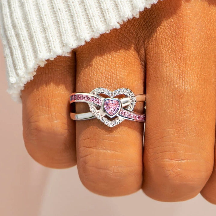 Sweet Pink Heart Intertwined Ring (Girly Paved Statement Band)