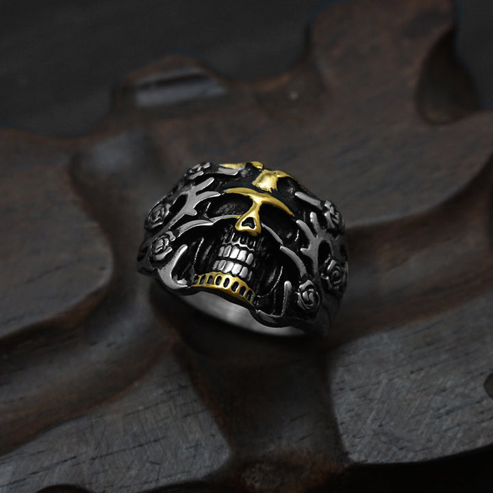 Two-Tone Gold Inlaid Rose Skull Vintage Ring, S925 Silver Antiqued Dark Biker Wide Band For Men