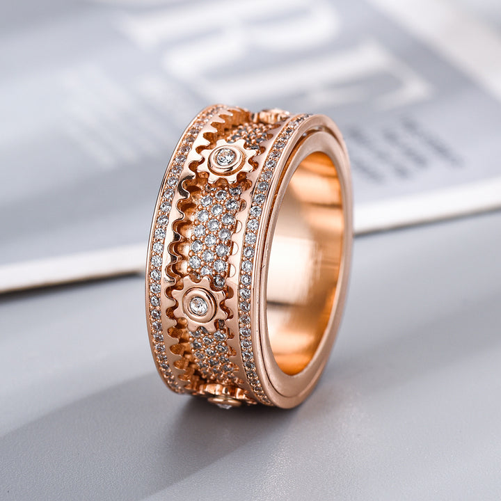 Sterling silver mechanical-style starry rotating gear ring