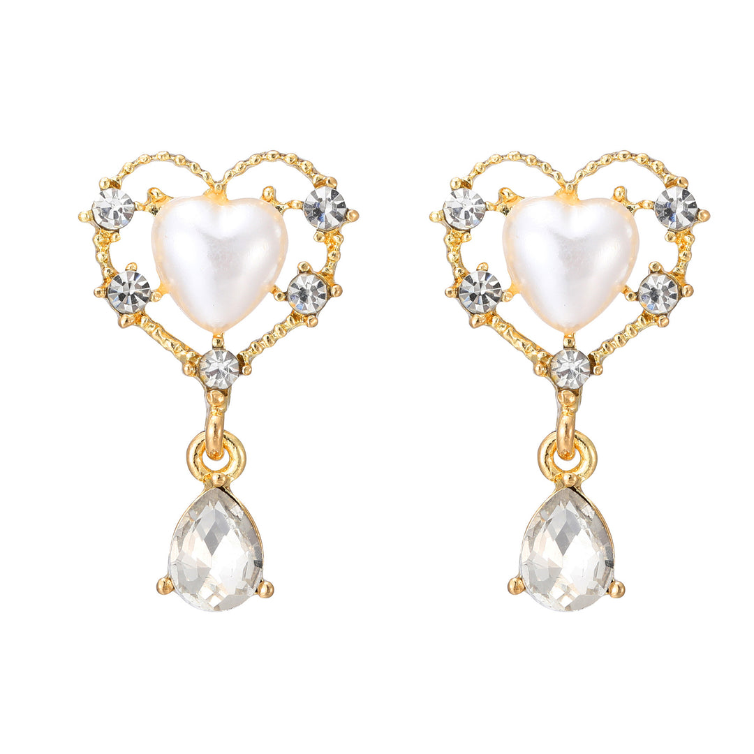 Hollow Heart Pearl Teardrop Diamond S925 Silver Stud Earrings, Vintage Sweet Heart Dangle Earrings