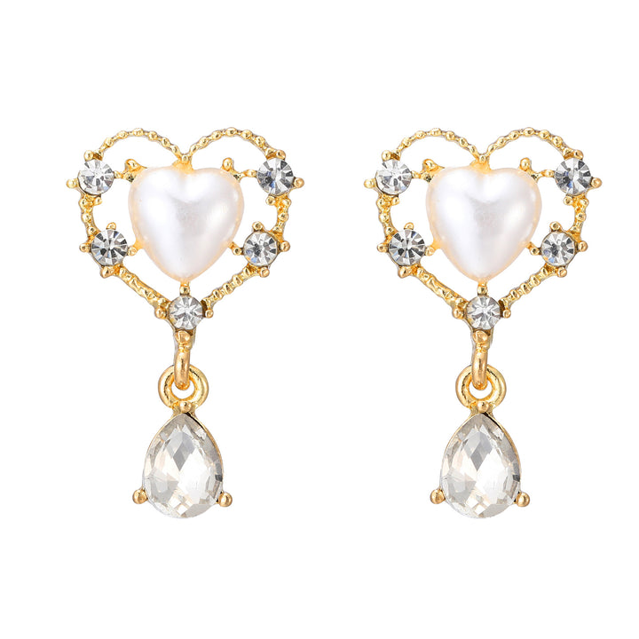 Hollow Heart Pearl Teardrop Diamond S925 Silver Stud Earrings, Vintage Sweet Heart Dangle Earrings