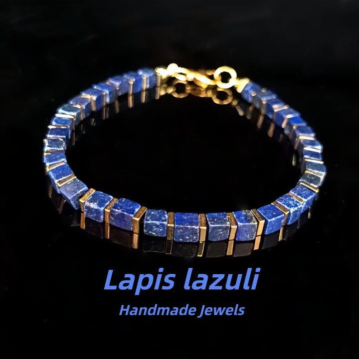 Square Natural Stone Handmade Beaded Bracelet for Men, Lapis Lazuli Turquoise Obsidian Luxury Adjustable Business Bracelet