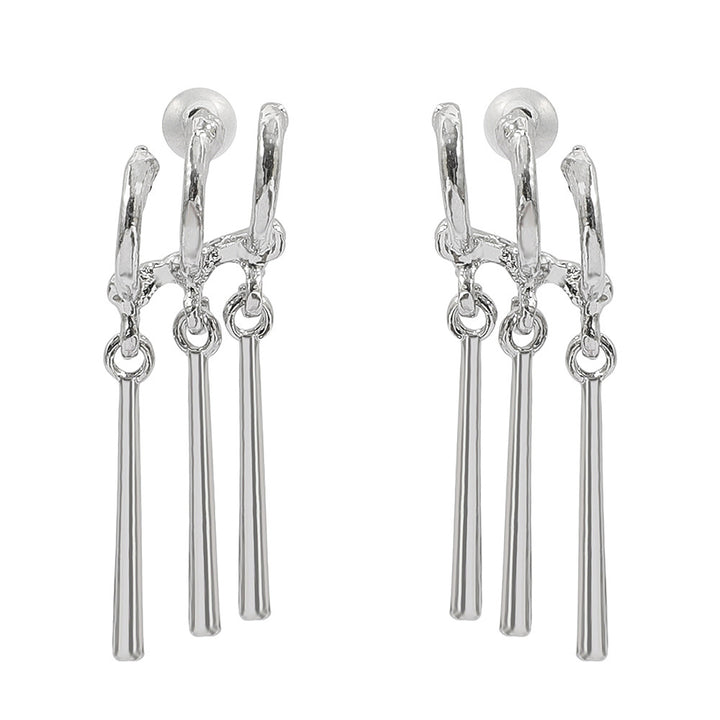 Three-Ring Textured Vertical Bar Tassel Drop Earrings, Solid S925 Silver Silver & Gold Two-Tone Minimalist Geometric Jewelry