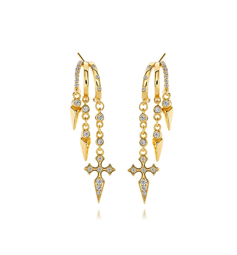 S925 Sterling Silver 18K Gold-Plated Irregular Tassel Zircon Hoop Earrings